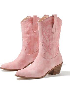 Women’s Pink Embroidered Cowboy Boots Wide Calf Cowgirl Boots Stacked Heel
